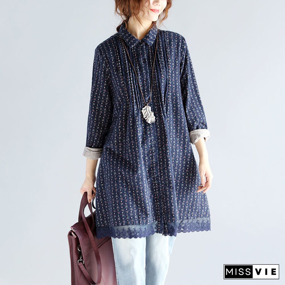 fashion navy print Midi cotton pullover oversize New long sleeve Cinched Turn-down Collar lace cotton blouses