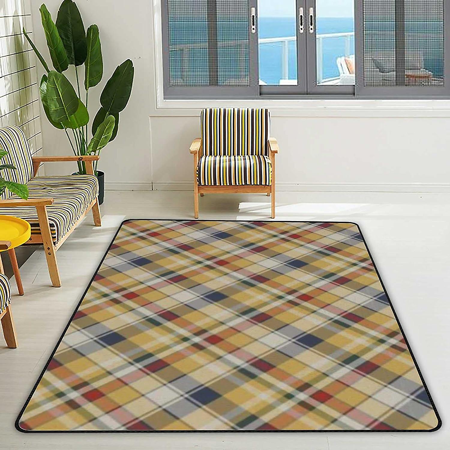 Soft Area Rugs Orange Blue Tartan Plaid Floor Carpet Mat For Kids Playing Room Hardwood Floor Living Room 63x48in