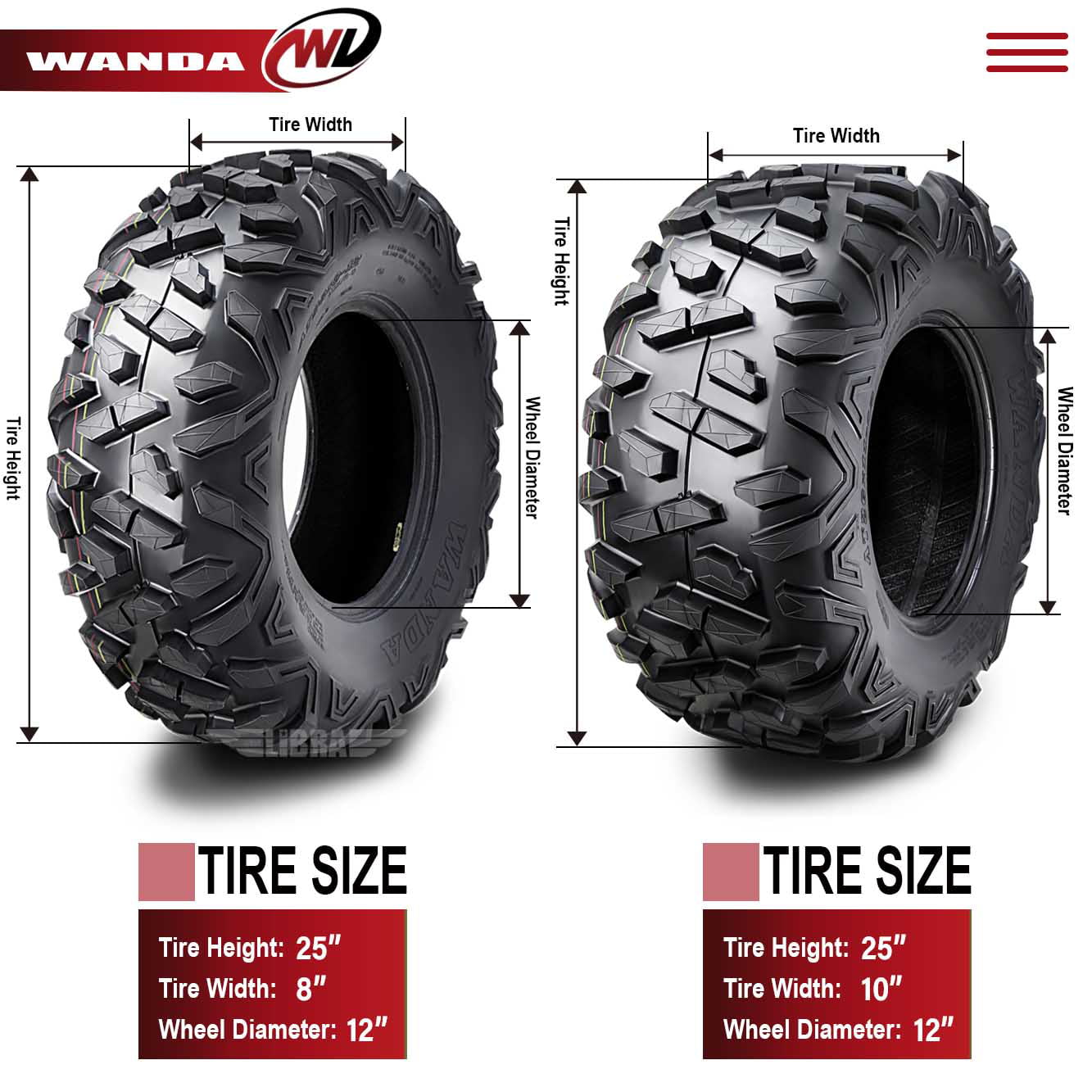 Set 4 WANDA ATV Tires 25X8X12 25X10X12 fit 07-10 Can-Am OUTLANDER 400 500 Bighorn Style