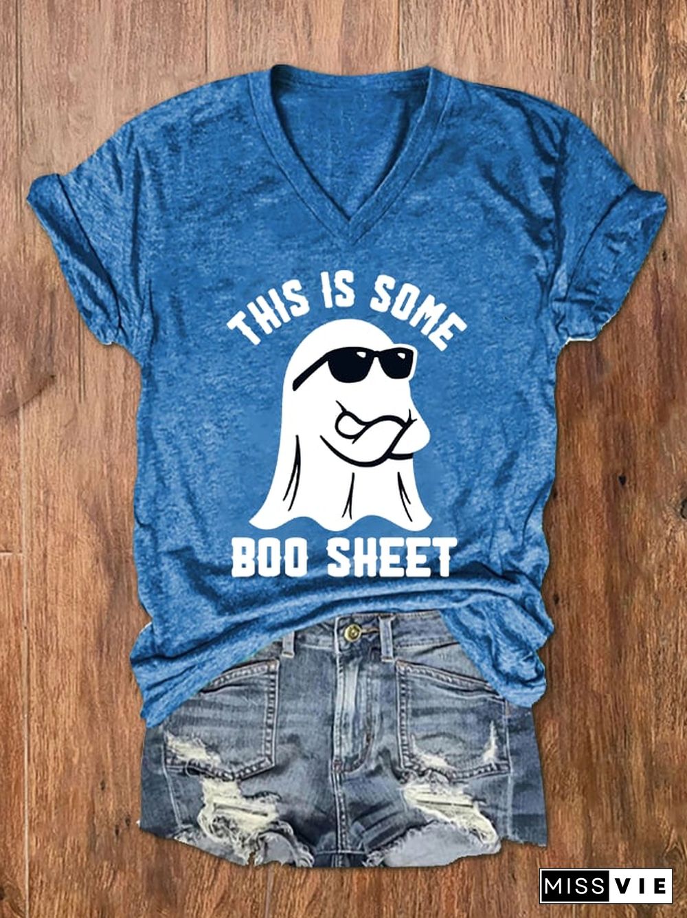 Women's Halloween This Is Some Boo Sheet Print V-Neck T-Shirt