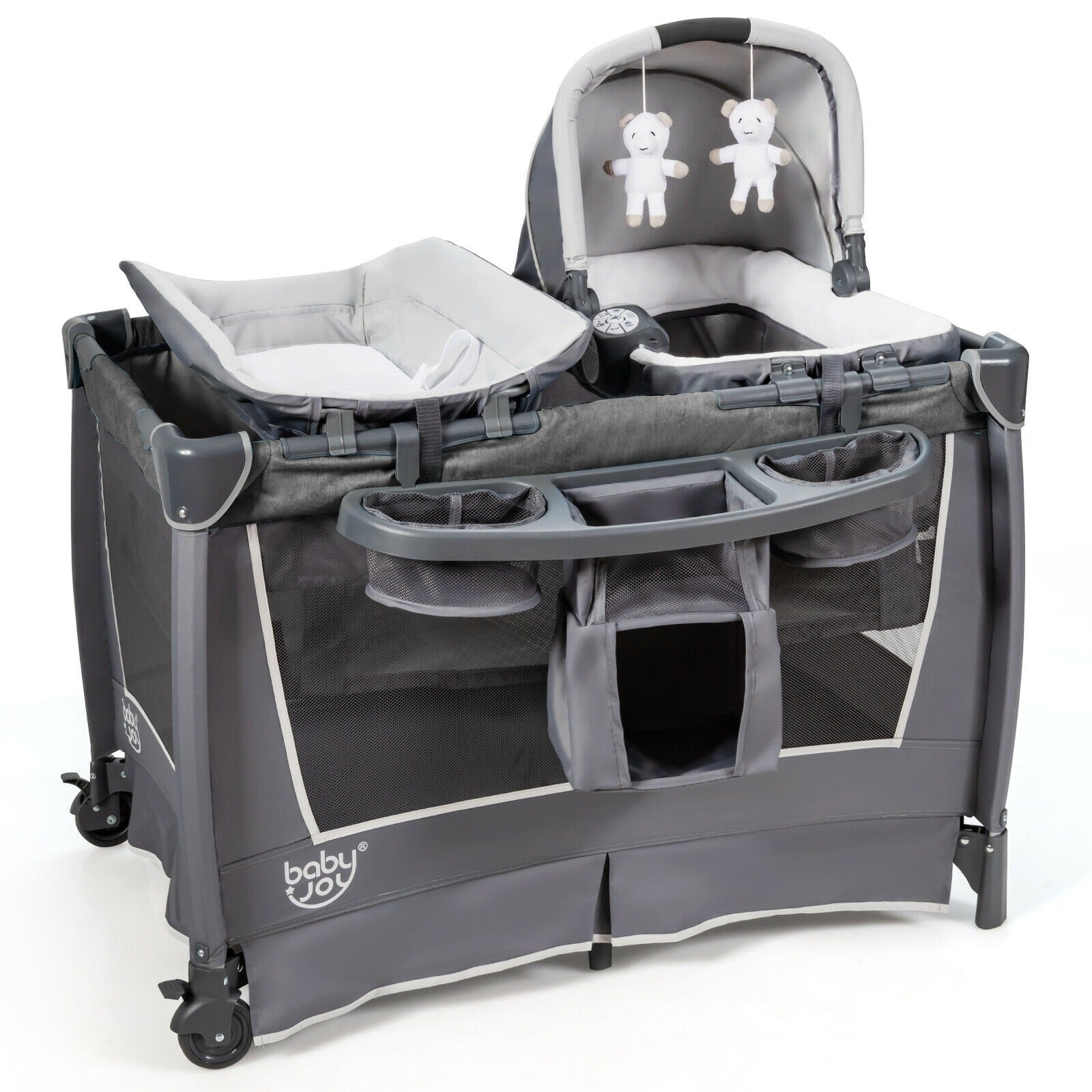 BABY JOY 4 in 1 Nursery Center, Foldable Pack and Play w/Bassinet, Changing Tabl (Space Gray)