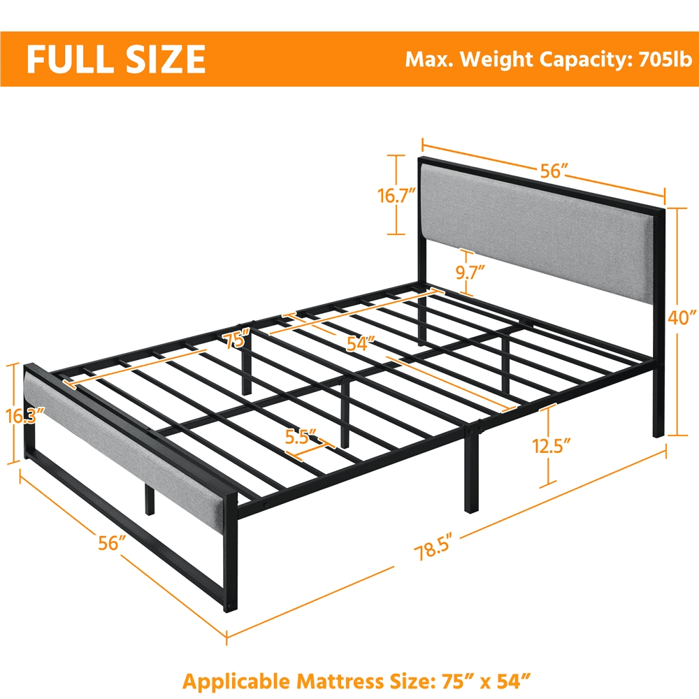 Easyfashion Metal Upholstered Platform Bed Base with Linen Headboard, Light Gray, Full