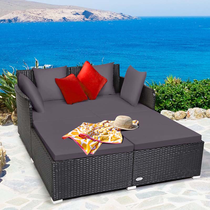 Rattan Wicker Outdoor Daybed Patio Furniture Cushioned Sofa Set with Thick Pillows