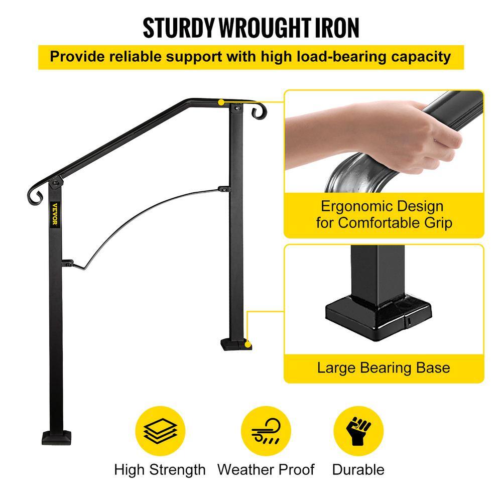 VEVOR 2 ft. Wrought Iron Handrail Fit 2 or 3 Steps Handrails for Outdoor Steps Flexible Porch Railing Black LTFS2H3BHSGM00001V0