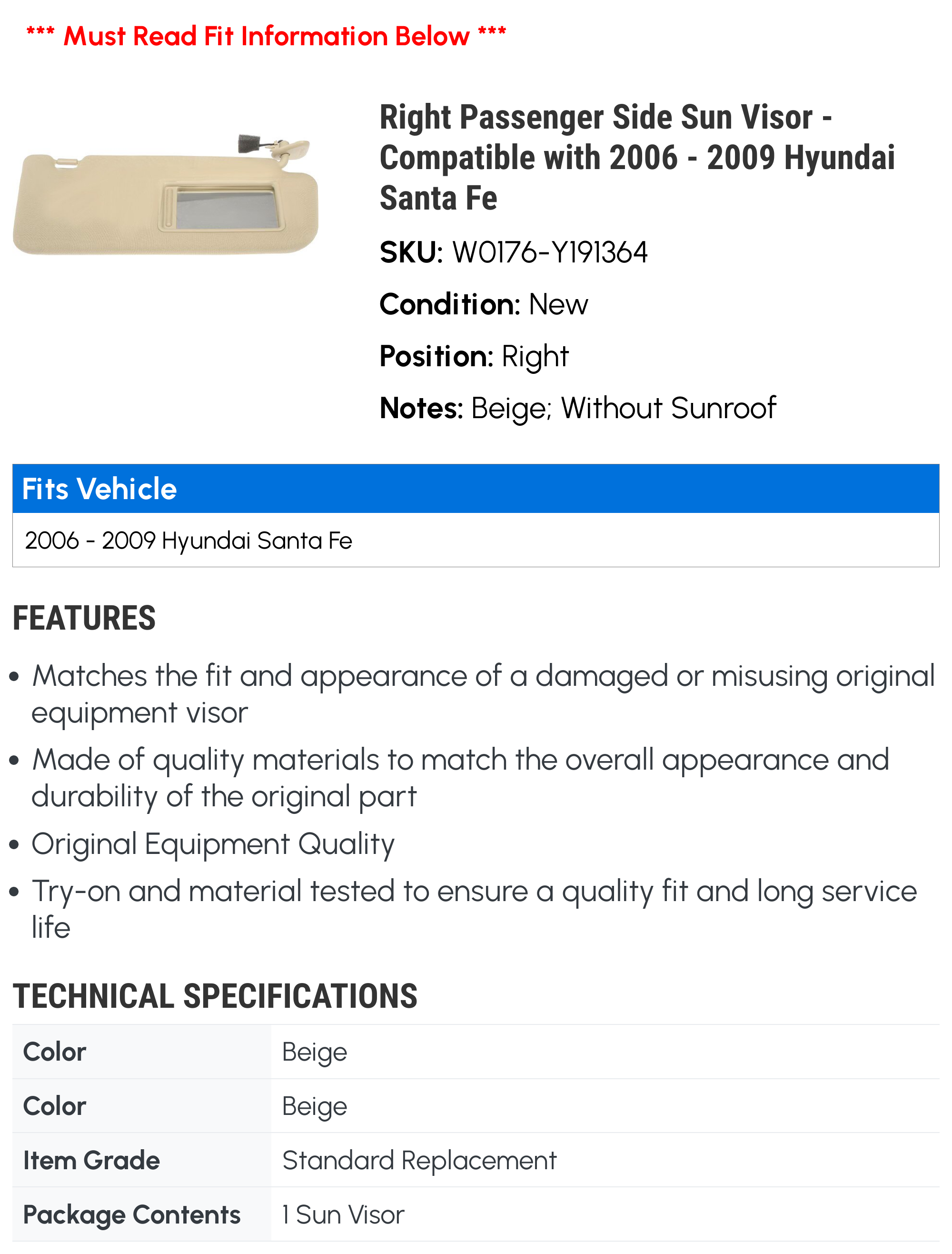 Right Passenger Side Sun Visor - Beige - Compatible with 2006 - 2009 Hyundai Santa Fe (Models without Sunroof Only) 2007 2008