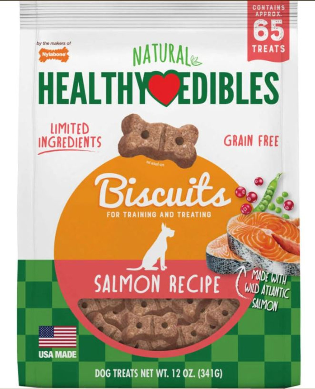 Nylabone Healthy Edibles Natural Grain Free Salmon Dog Biscuits， 12 Oz.