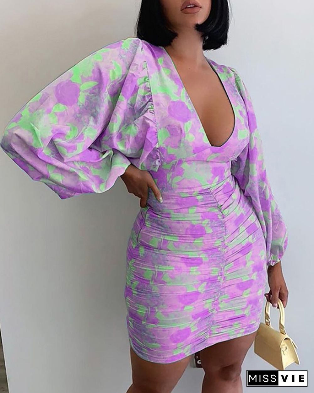 Floral Pattern Print Lantern Sleeve Ruched Bodycon Dress