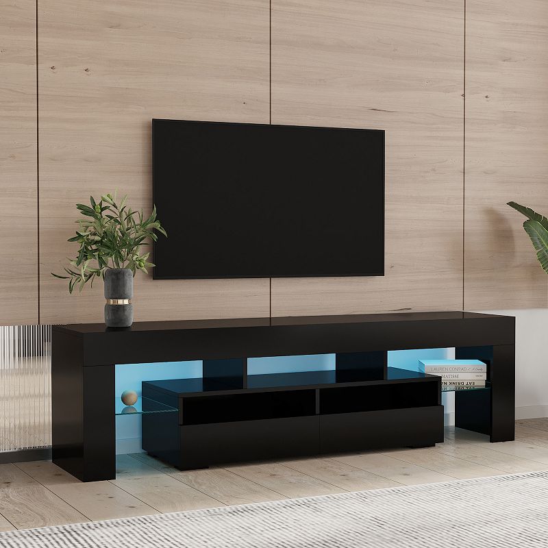 FC Design Living Room Furniture TV Stand Cabinet with 2 Drawers and 2 open shelves，20-color RGB LED lights with remote，Black