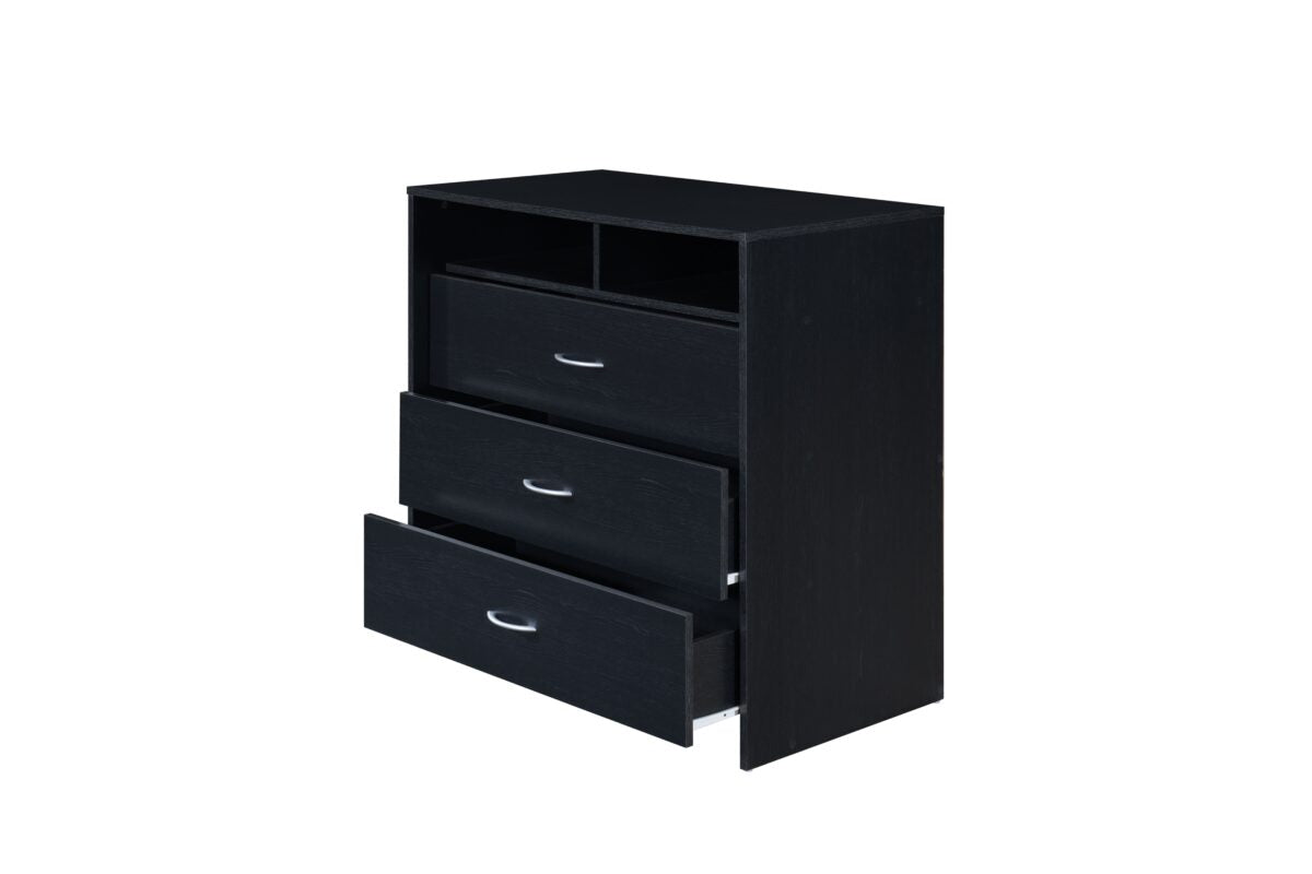 Hodedah 3-Drawer Dresser with 1-Open Shelf 2 Compartments in Black