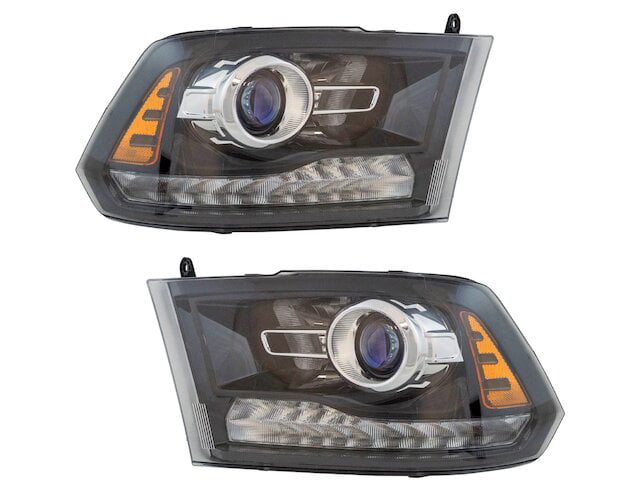 Halogen Headlight Assembly - Set of 2 - with Black Housing and Chrome Projector Bezel - Compatible with 2013 - 2018 Ram 1500 2014 2015 2016 2017