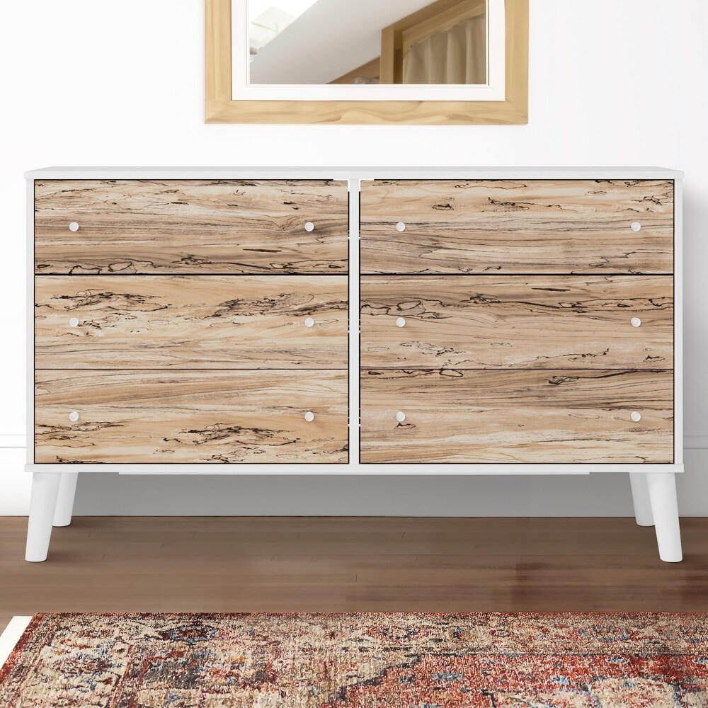 Asher 59 Inch Contemporary Dresser  6 Drawers  White and Natural Brown