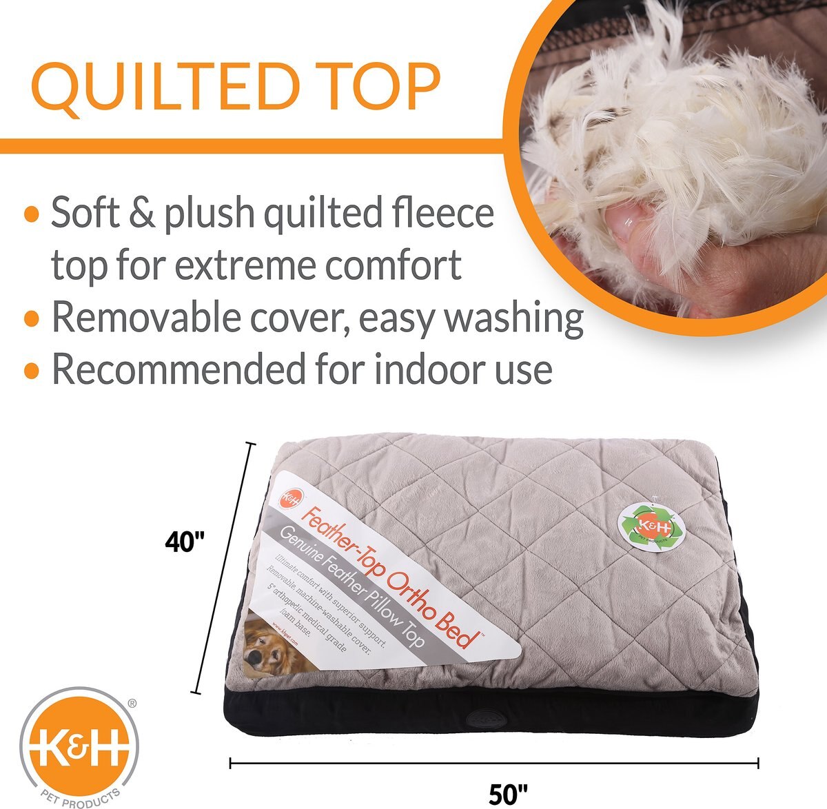 KandH Pet Products Feather-Top Orthopedic Pillow Dog Bed， Charcoal