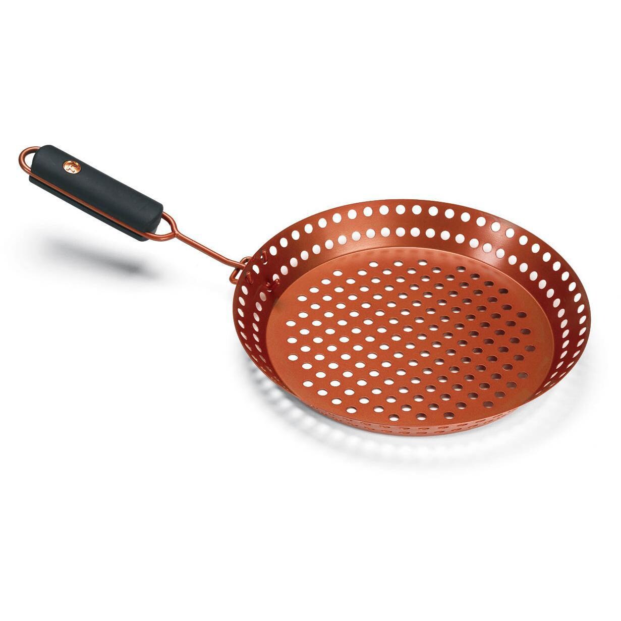 Outset 12-Inch Diameter Copper Non-Stick BBQ Skillet Grill Basket With Removable Soft-Grip Handle