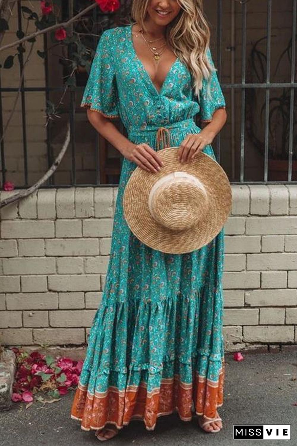 Floral Print Short Sleeve Maxi Dress