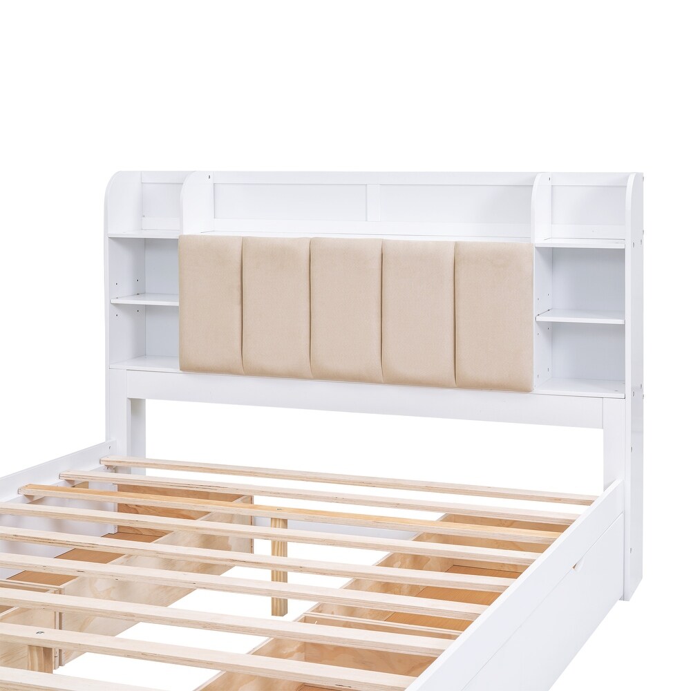 Queen Size Platform Bed w/ Storage Headboard   4 Drawers  Solid Wood Bedframe w/Shelves   Slat Support  No Box Spring Needed