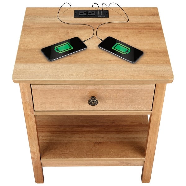 DecorTech Traditional Rectangular End Table with AC Power and USB Charging Ports， Oak