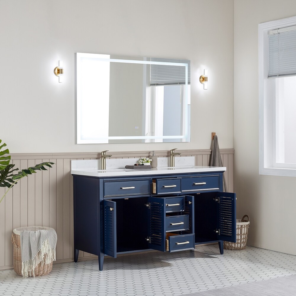 Barcelona 30 inch wood double sink vanity with marble and ceramic sink in Blue