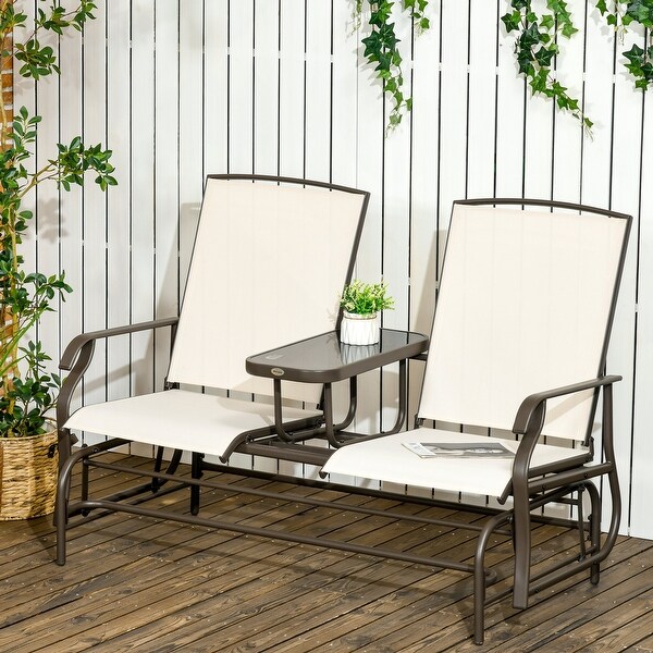 Outsunny 2Person Outdoor Glider Bench w/ Center Table，Steel Frame for Backyard Garden Porch，Beige