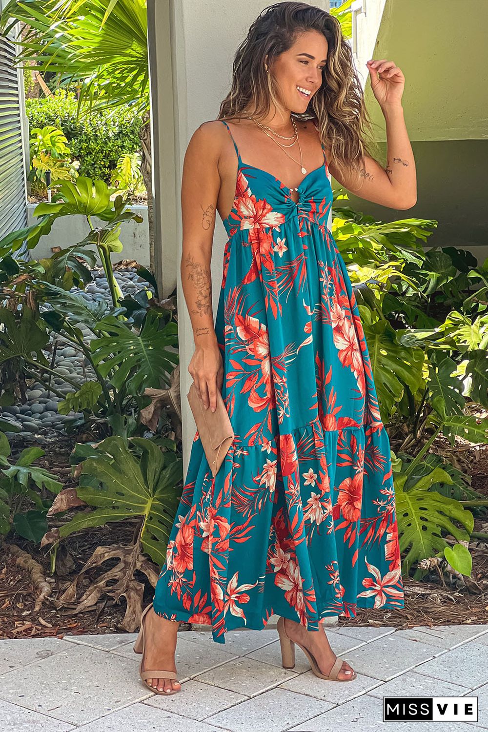 Sky Blue Strappy Open Back Floral Maxi Dress