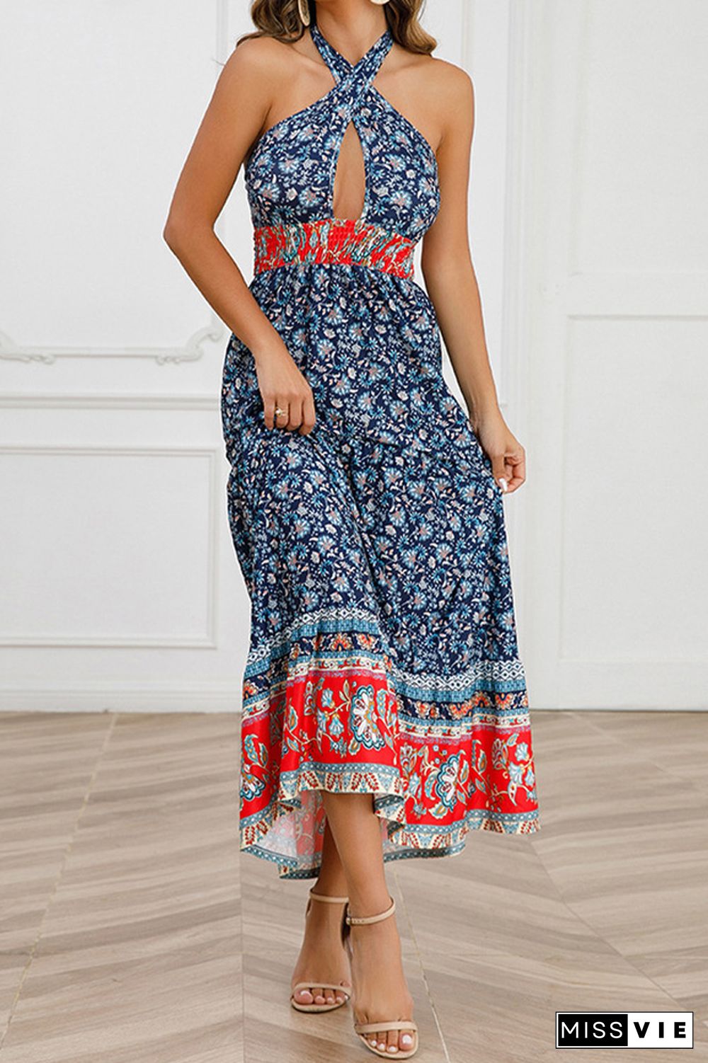 Twisted Halter Hollow Out Smocked Waist Boho Floral Maxi Dress