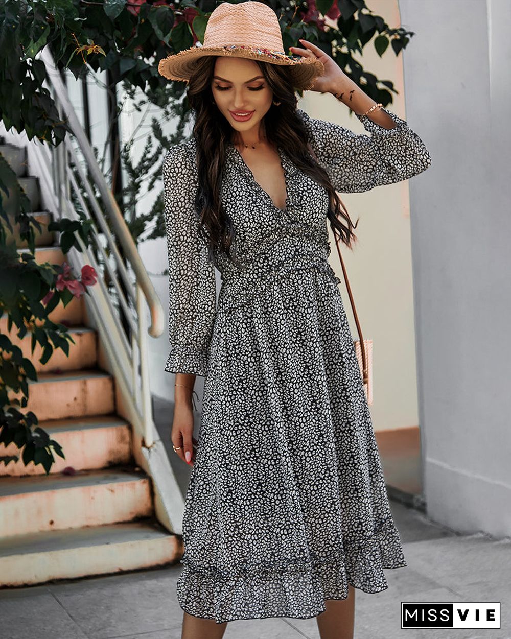 Deep V Neck Floral Long Sleeve Ruffle Hem Maxi Dress