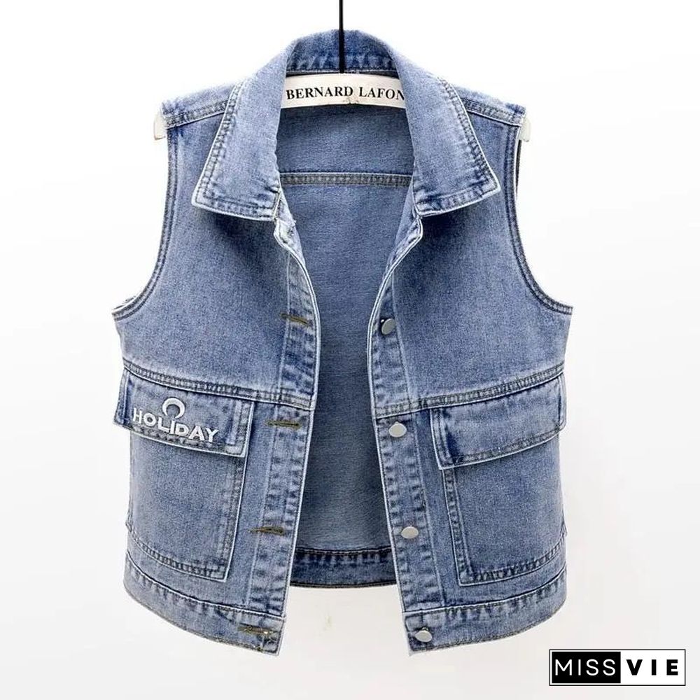 Women's Vest Big Pocket Jean Top Plus Size Spring Summer Waistcoat Blue Turn-down Collar Loose Denim Sleeveless Jacket Woman