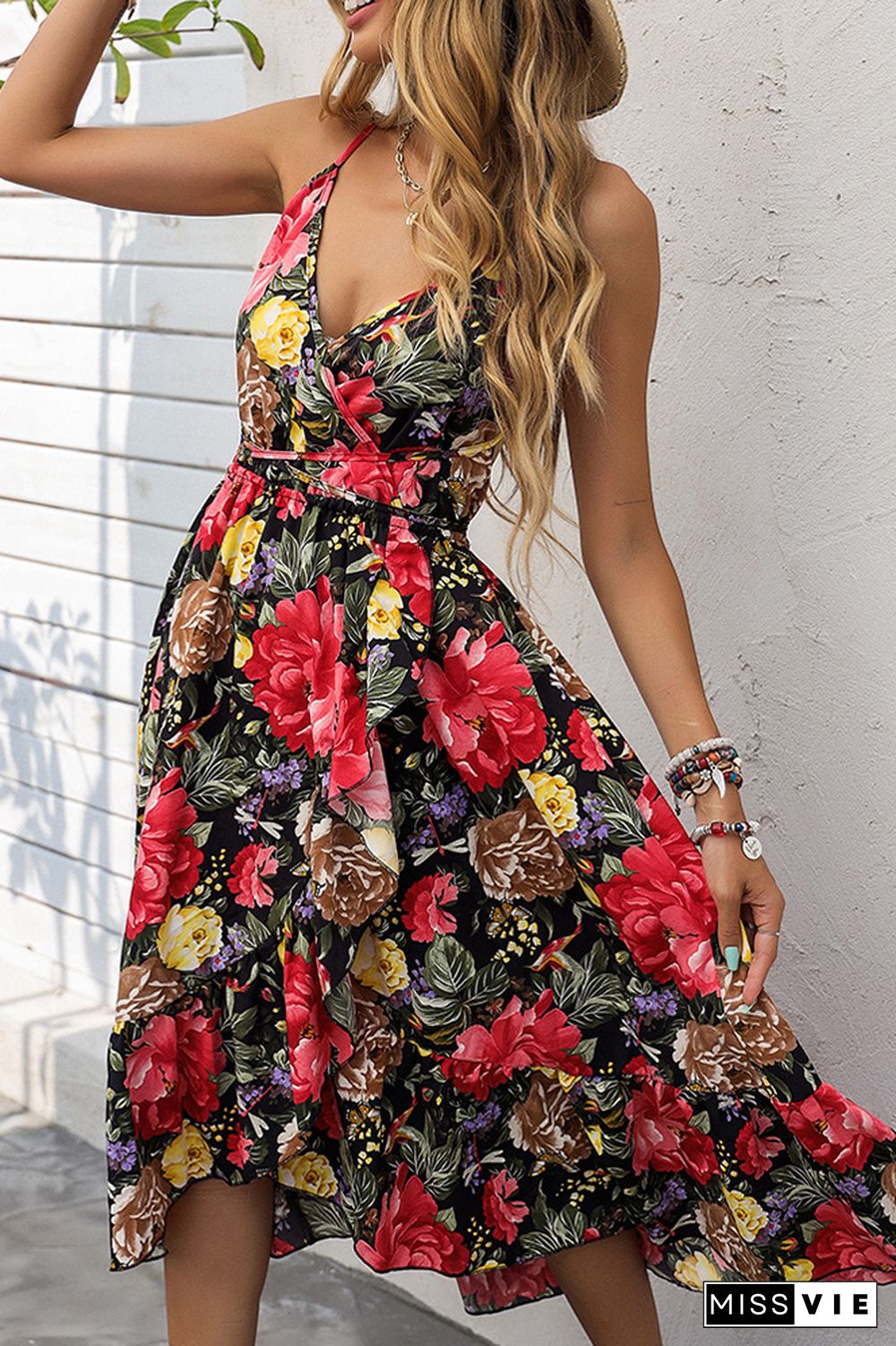 Wrap V Neck High Split Cami Backless Floral Midi Dress