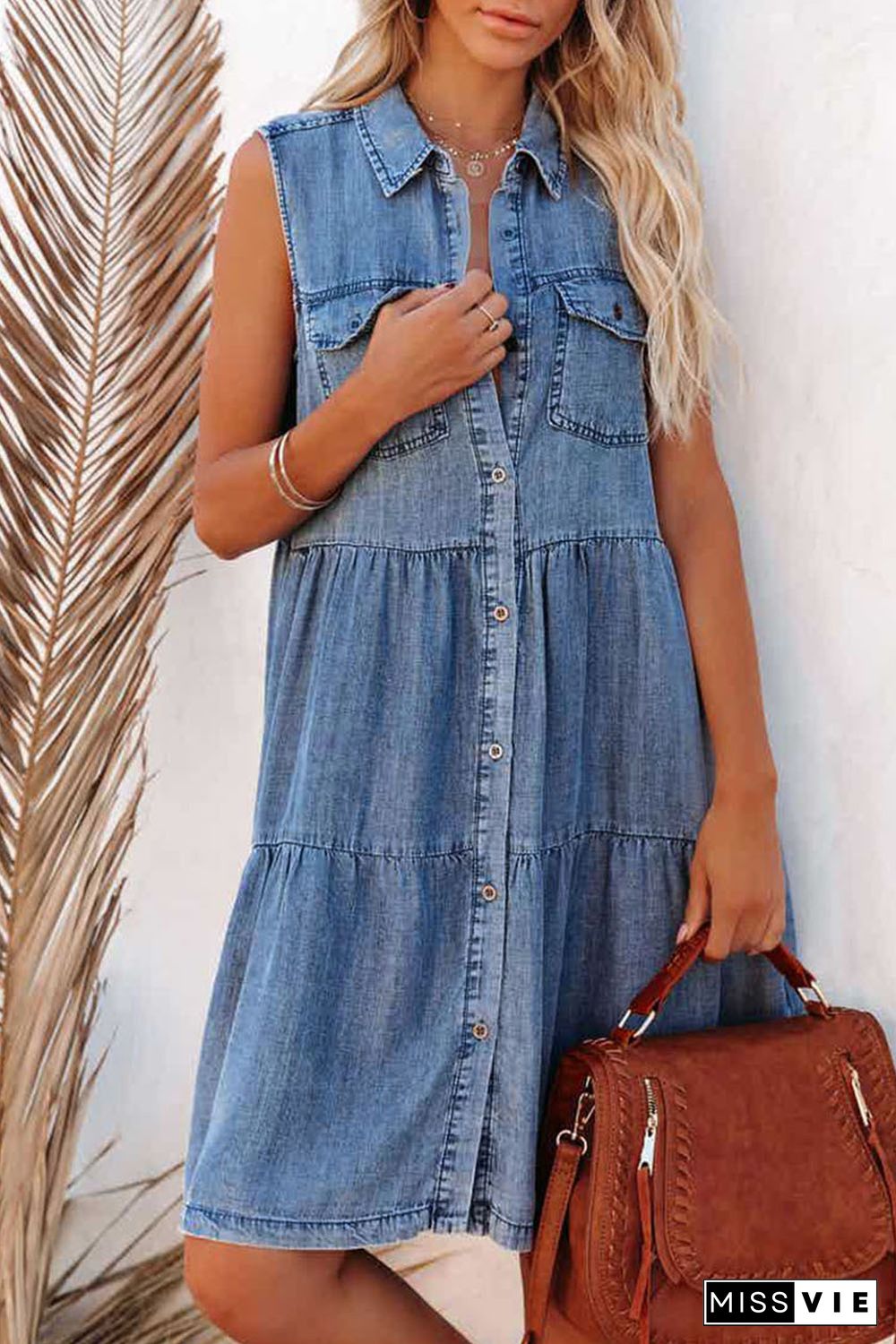 Sky Blue Flap Pockets Button up Sleeveless Denim Dress