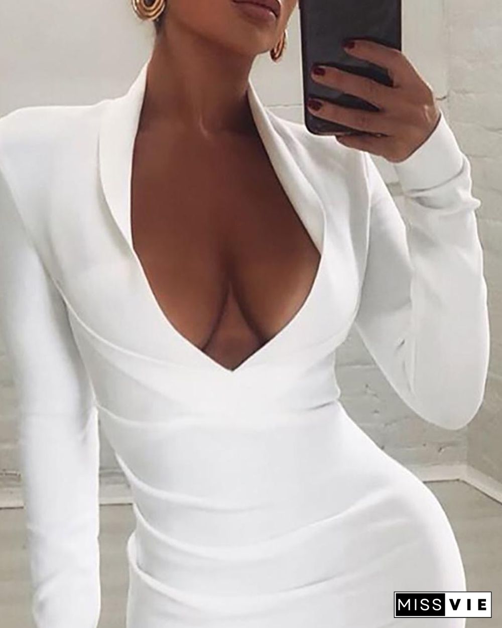 Solid Long Sleeve Plunge Ruched Bodycon Dress