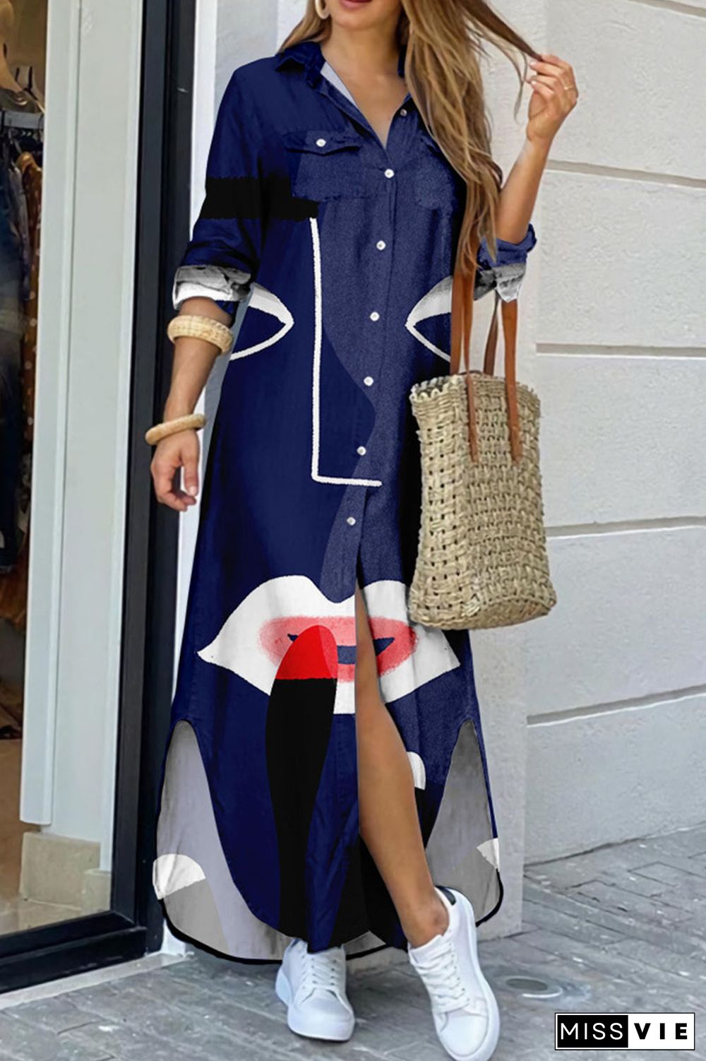 Dark Blue Casual Street Print Patchwork Buckle Turndown Collar Shirt Dress Dresses