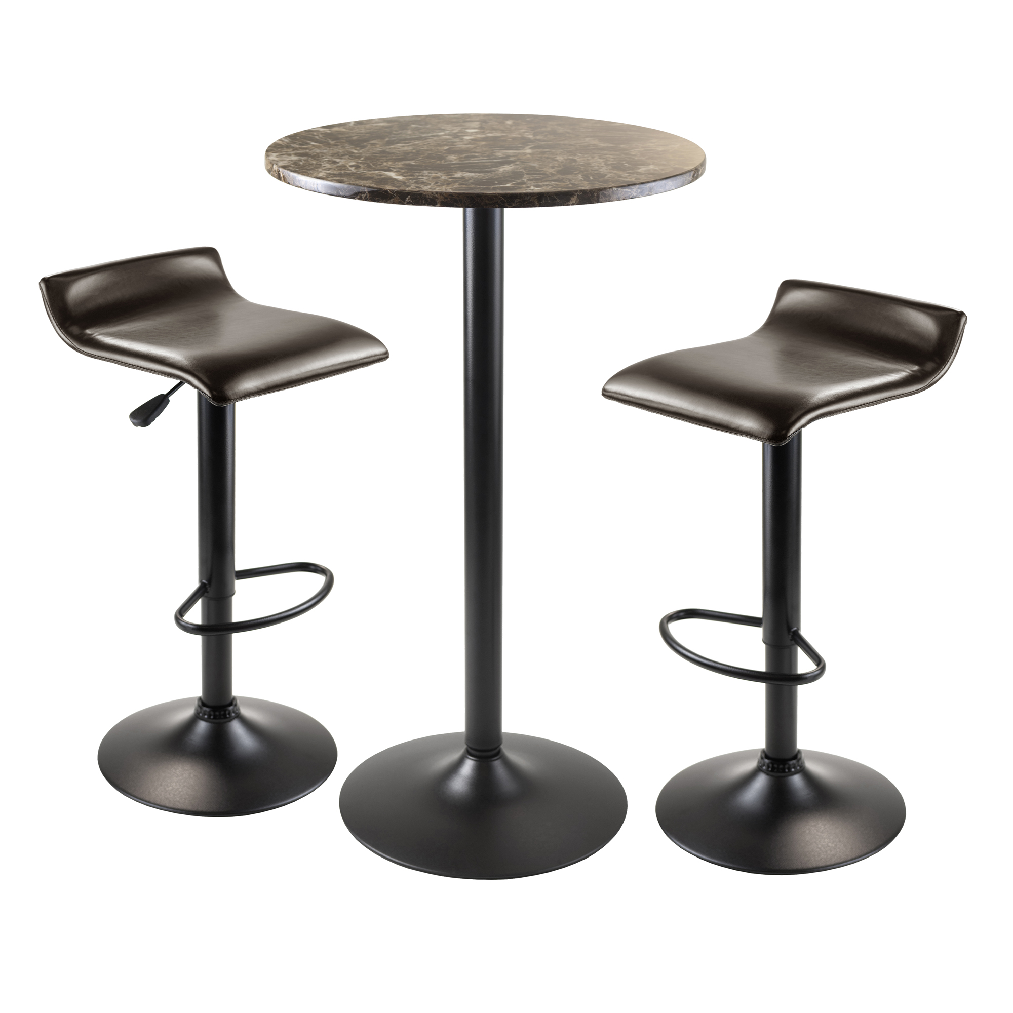 Winsome Wood Cora 3-Pc Pub Set， Faux Marble Table and 2 Adjustable Swivel Stools， Black and Espresso Finish