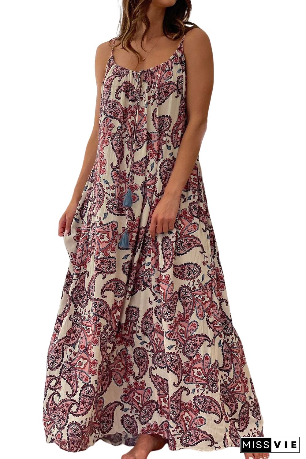 White Boho Paisley Print Spaghetti Straps Maxi Dress