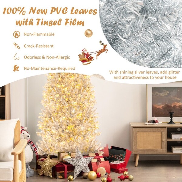 PreLit Artificial Silver Tinsel Xmas Tree with 790 Branch Tips and 300 LED Lights