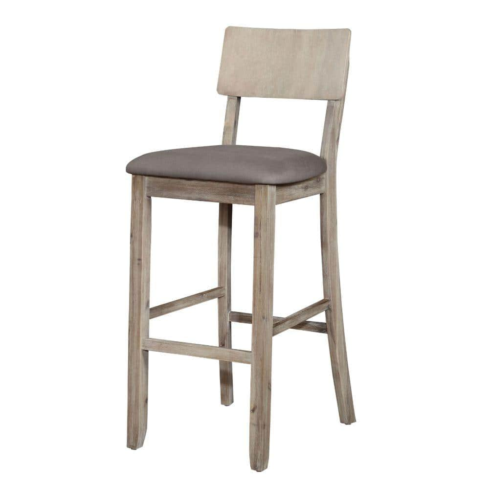 Benjara 43.5 in. H Gray Washed Wooden Bar Stool with Curved Backrest and Padded Seat BM143905