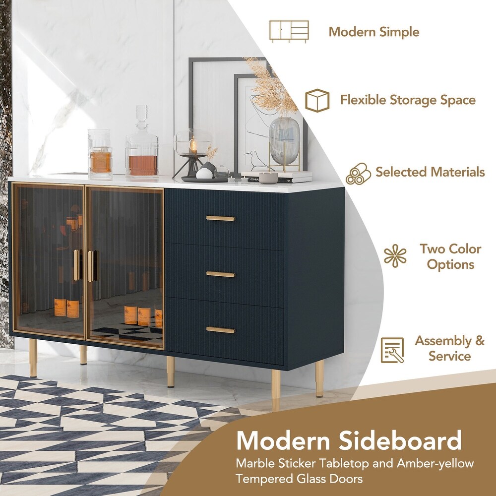 Modern Sideboard Buffet Cabinet with Glass Doors and Metal Legs   Handles