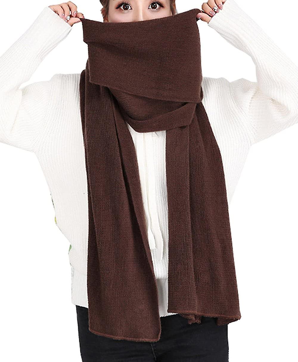 Women's Warm Long Shawl Winter Warm Large Scarf Pure Color Coffee -