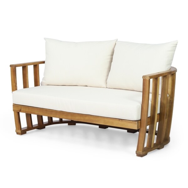 Outdoor Acacia Wood Loveseat and Coffee Table Set with Cushions，Teak，Beige