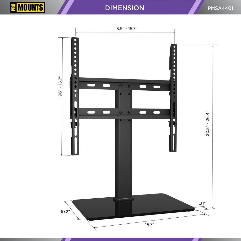 ProMounts Tabletop TV Stand Mount Fits 37 to 60 Inch FlatCurved TV's with 3 Adjustable Level Heights and Tempered Glass Base PMSA4401