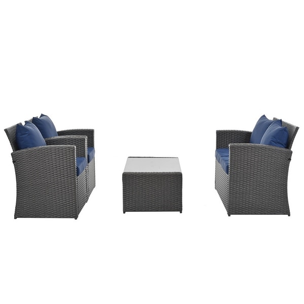 Outdoor Patio Furniture Rattan Outdoor Sofa Set Tempered Glass Table 4 Pillows Shelves Storage Waterproof Fabric