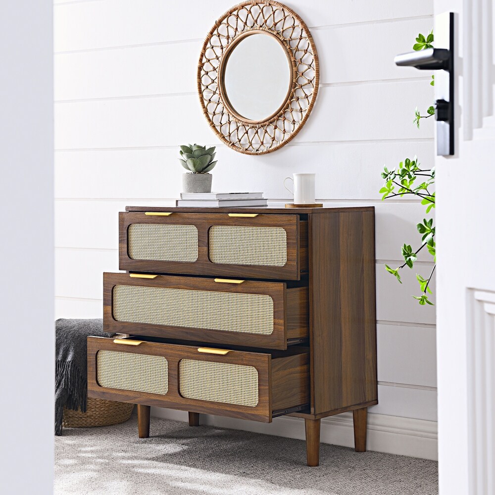 Walnut 6 Drawer Dresser Rattan Door Dresser Chest Storage Sideboard