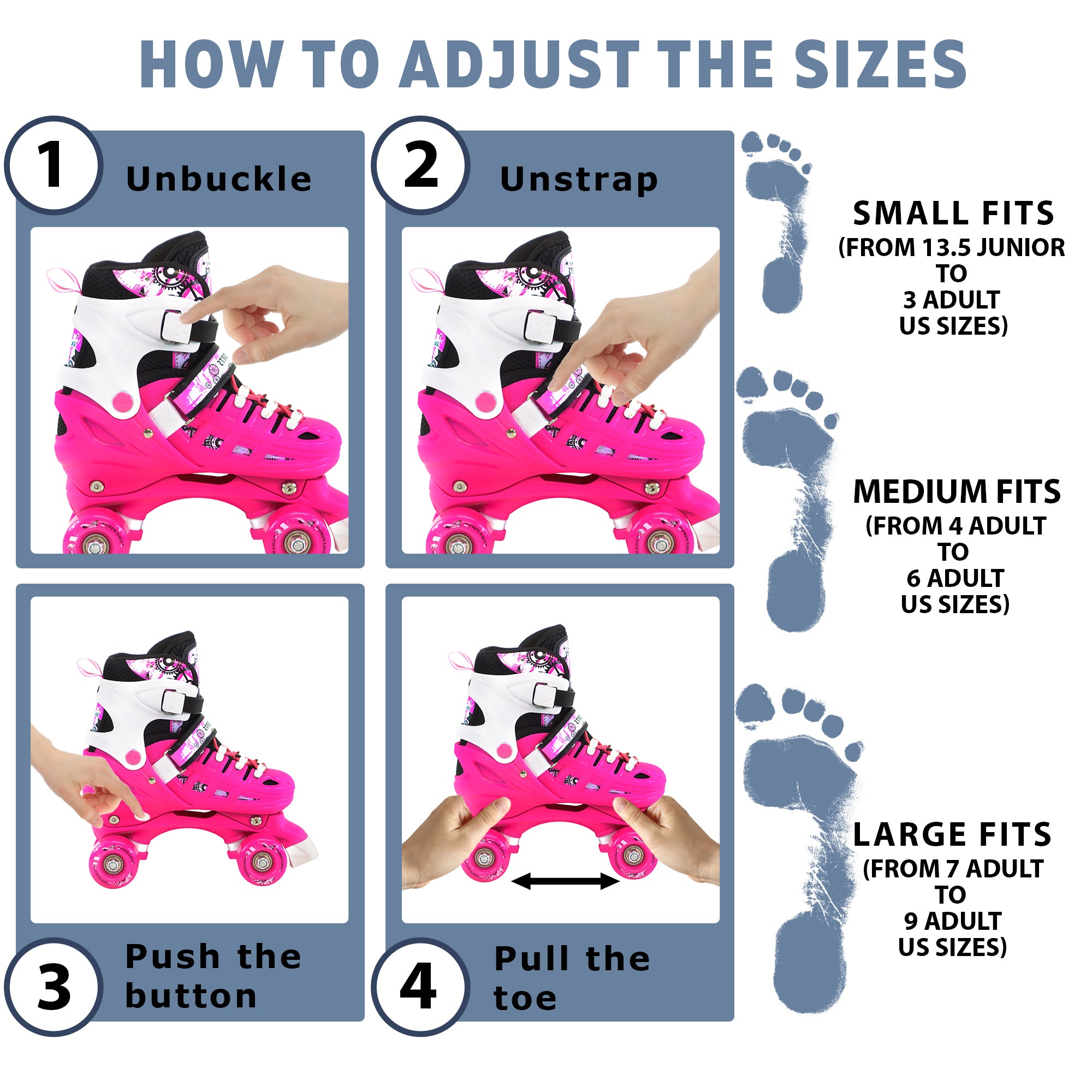 Adjustable Pink Quad Roller Skates For Kids Small Sizes