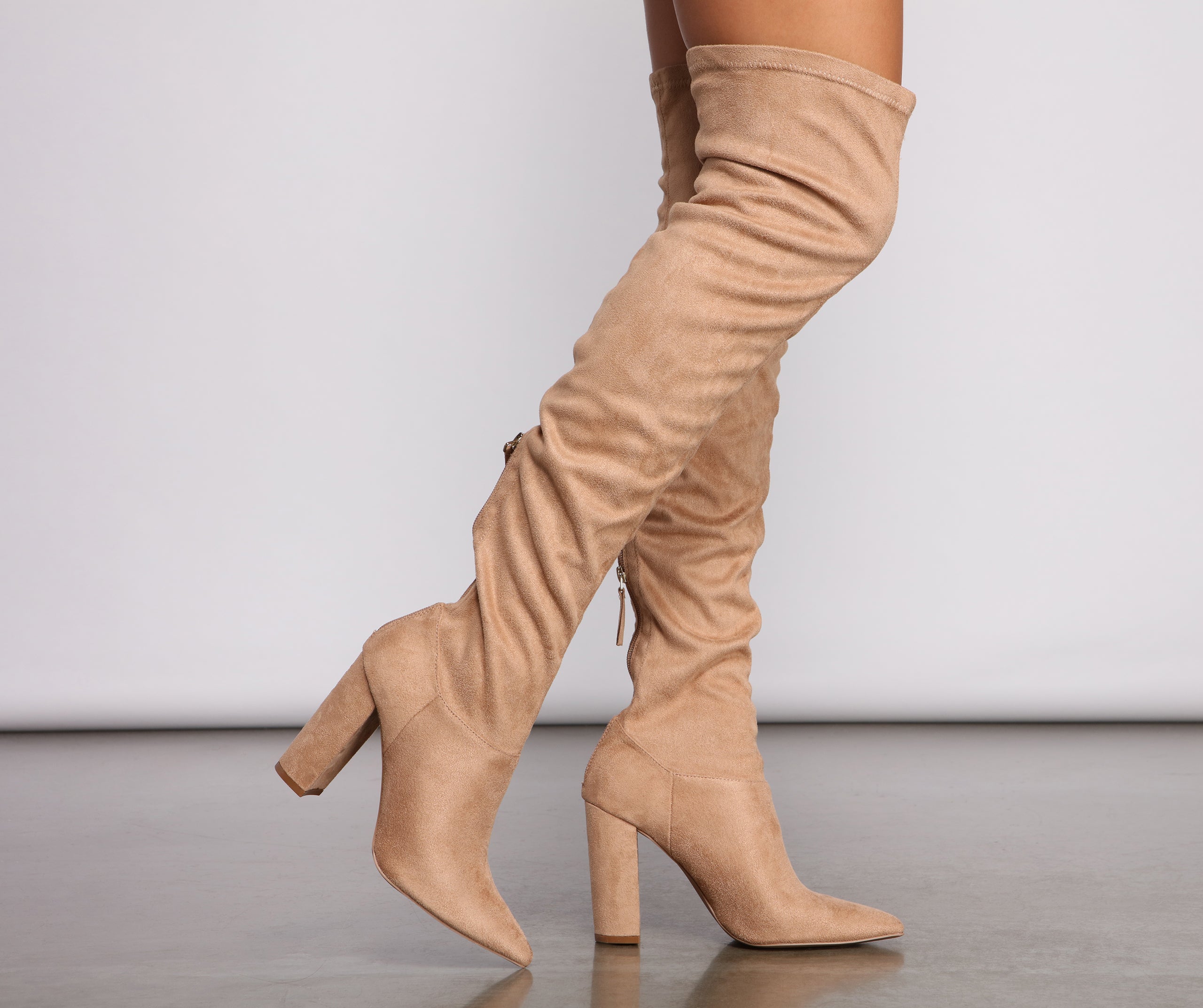 Faux Suede Pointed Toe Block Heel Boots