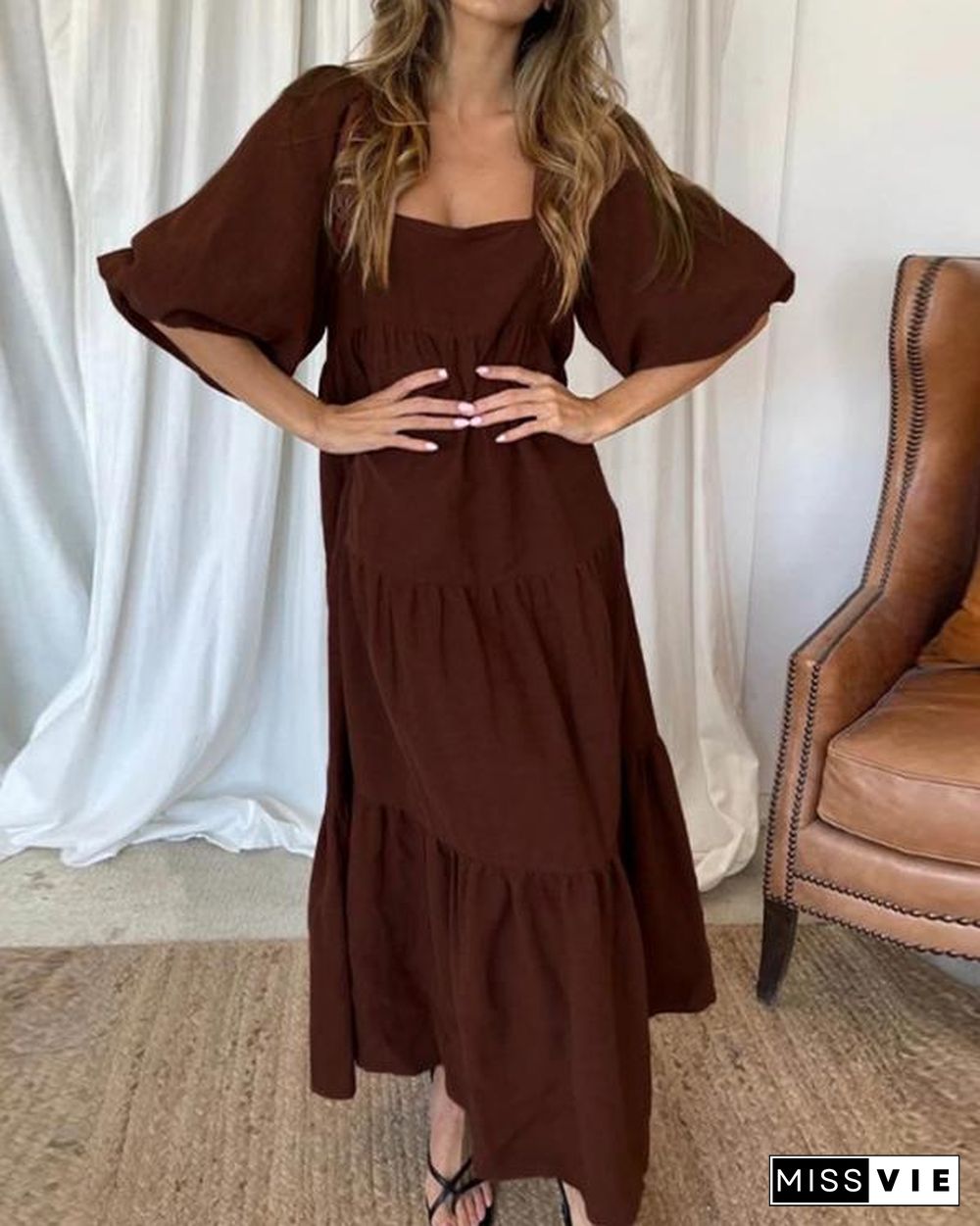 Casual Solid Color Puff Sleeve Dress