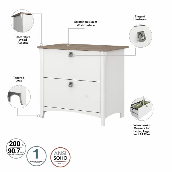 Bush Furniture Salinas 60W L Shaped Desk with Lateral File Cabinet and 5 Shelf Bookcase in Pure White and Shiplap Gray