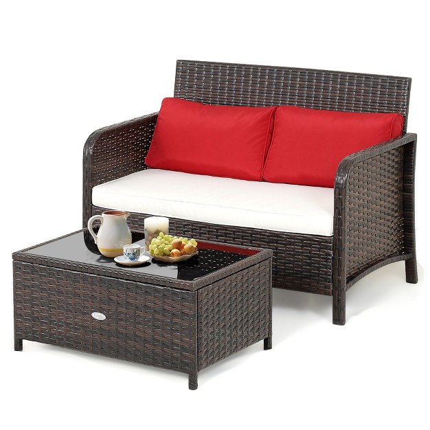 Costway 2pcs Patio Rattan Wicker Love seat Coffee Table Set Cushioned Bench Garden Deck