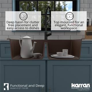 Karran QT-720 QuartzGranite 34 in. Double Bowl 5050 Top Mount Drop-In Kitchen Sink in Brown with Bottom Grid and Strainer QT-720-BR-PK1