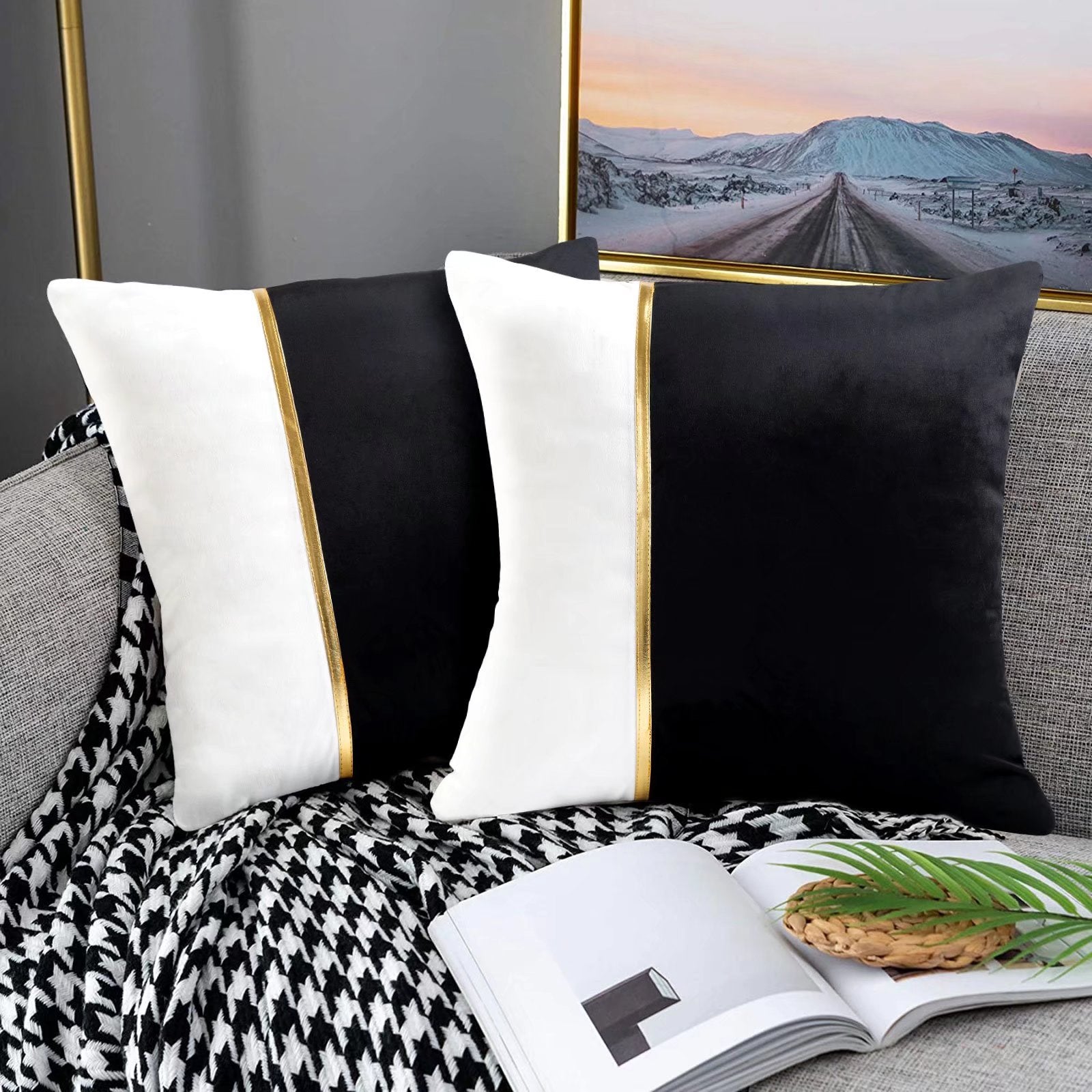 Black Patchwork Pillowcase Decorative Square Throw Pillow Covers Modern Luxury Covers 18x18 inch for Living Room Couch Bed Velvet 2 Pack