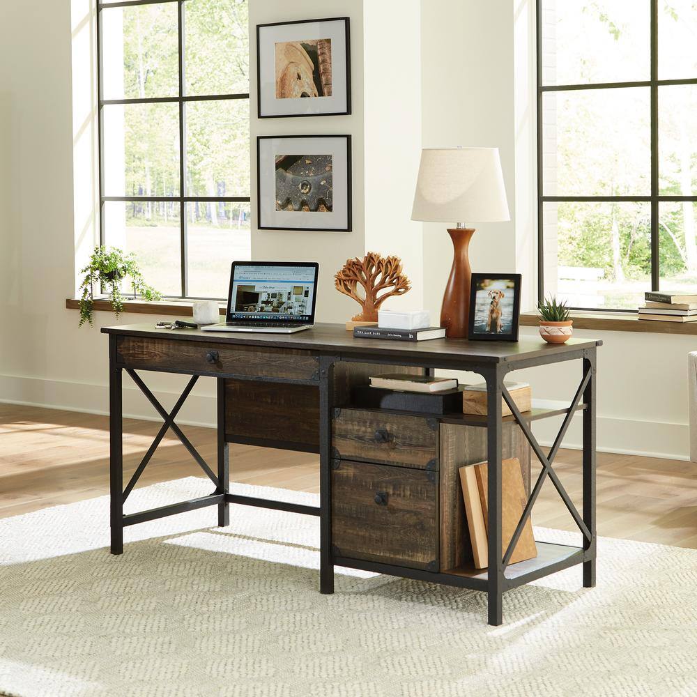 SAUDER Steel River 60.079 in. Carbon Oak Engineered Wood 3-Drawer Computer Desk with File Storage and Metal Frame 427851