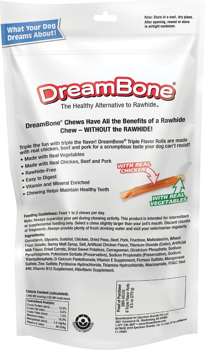 DreamBone Triple Flavor Rolls Dog Treats， 6 count