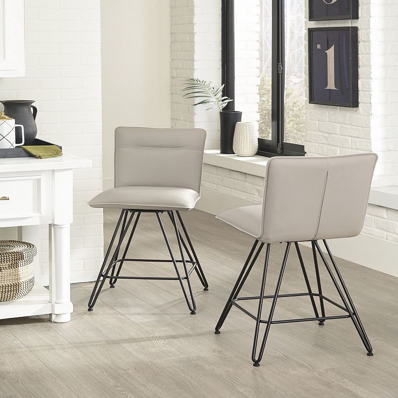 Metal Leather Upholstered Counter Height Stool with Hairpin Style Legs， Taupe and Black